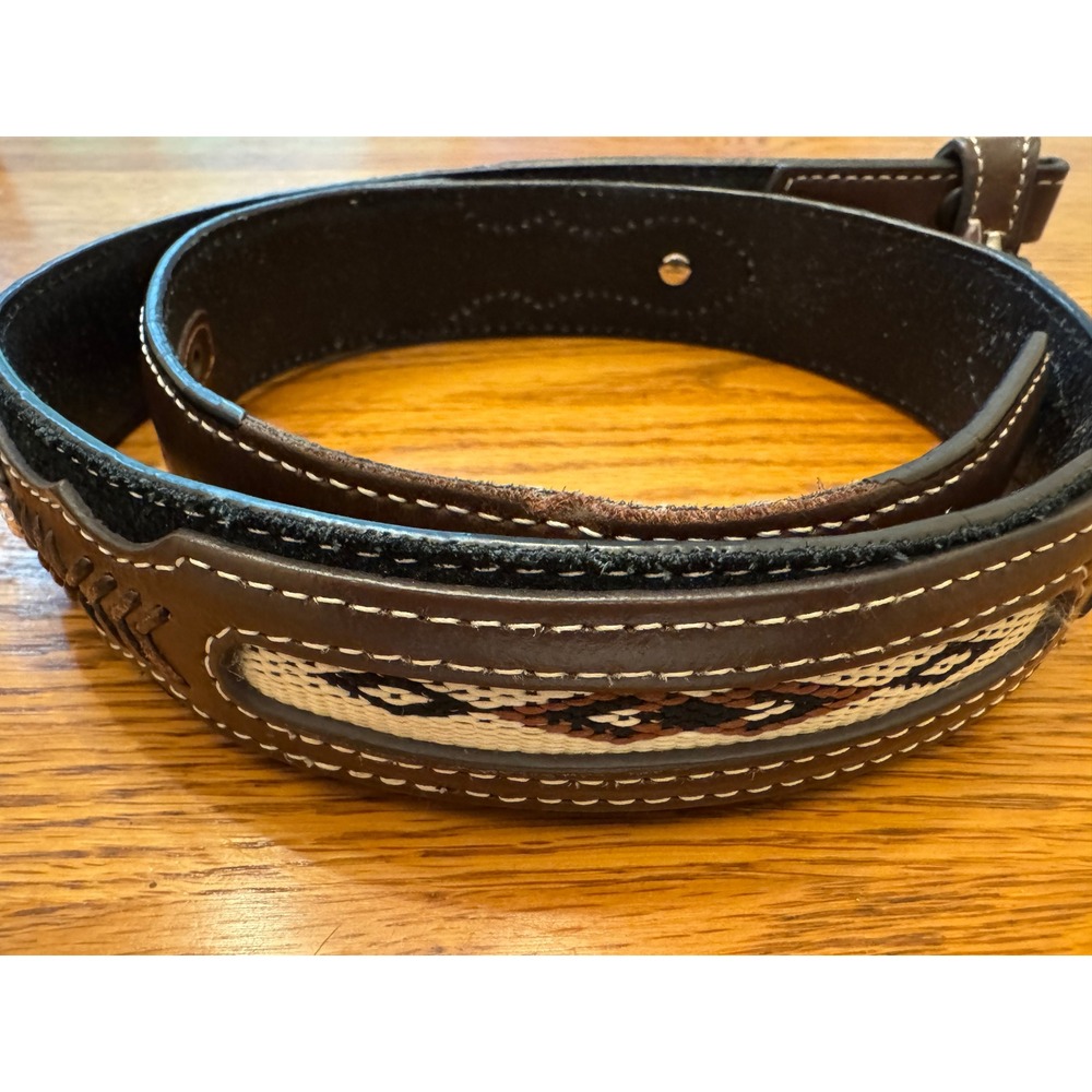 Nocona Belt Men 30 Brown Leather Black Suede Western Concho Woven Inlay Snap On